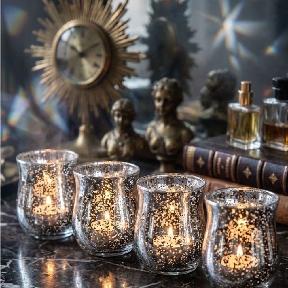 Set of 4 Silver Mercury Glass Votive Holders